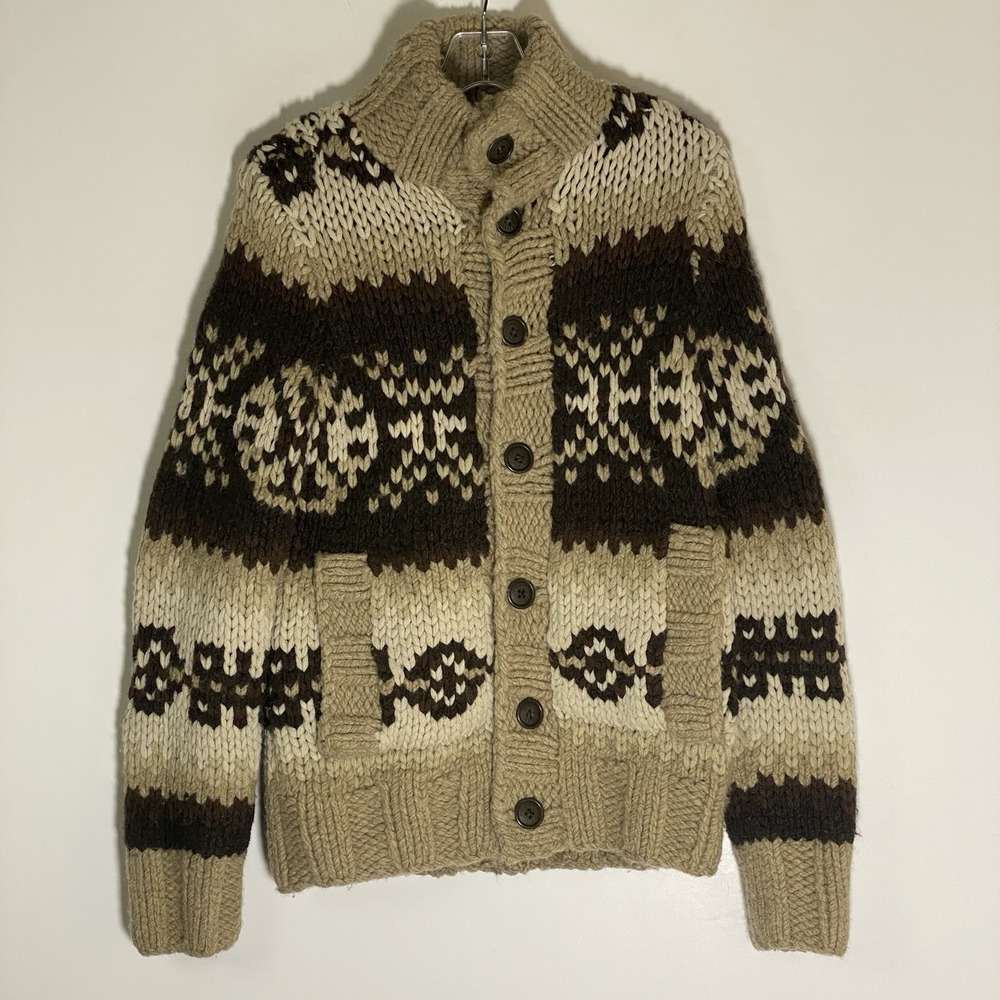 VTG Ezra Fitch Cardigan Sweater‎ Mens Small Tan Brown Lambs Wool Hand Knit Y2K S